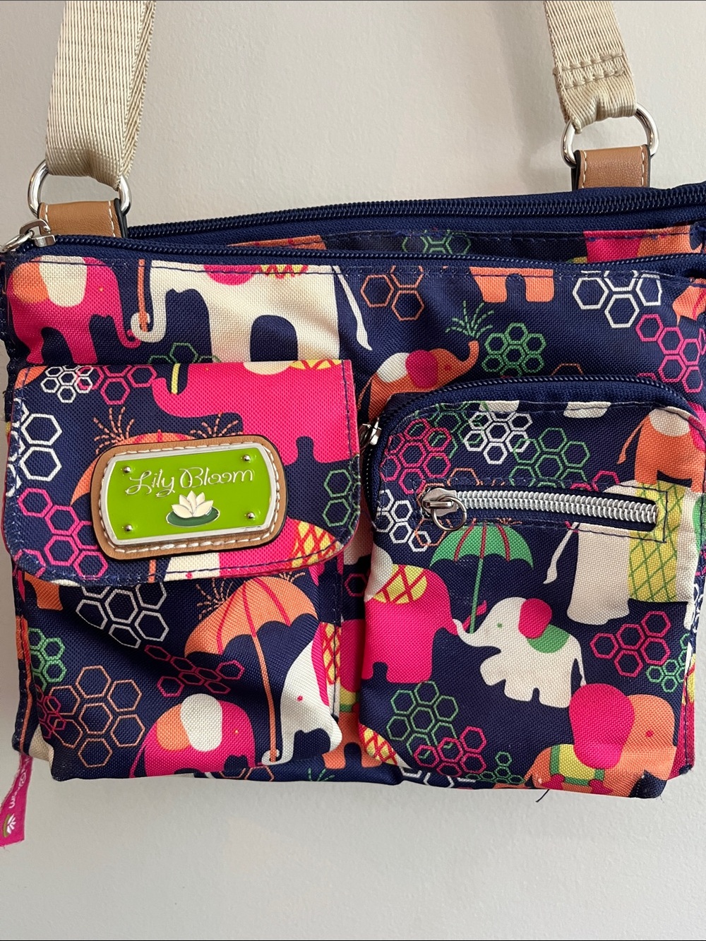Lily Bloom Navy Multi Elephant Print Crossbody Bag 3 Compartments Nylon